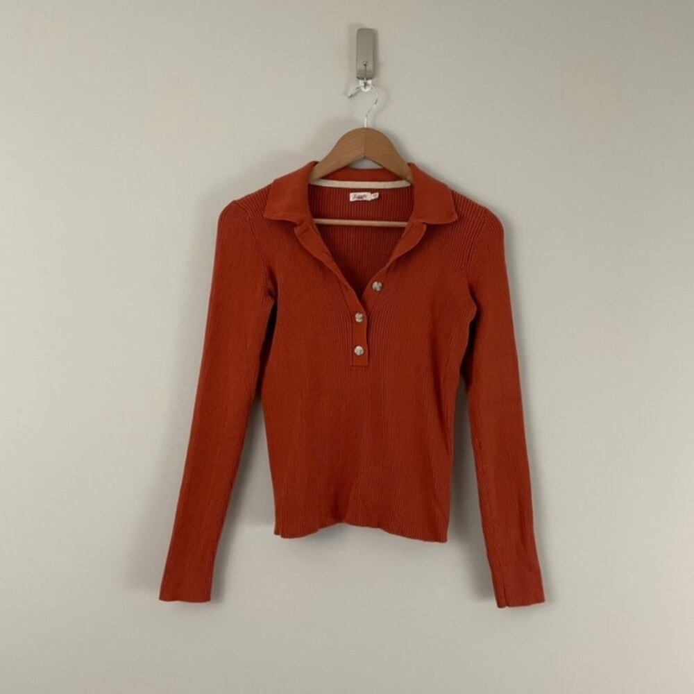 Faherty Mikki Rib Knit Polo Sweater in Burnt Brick Size Medium